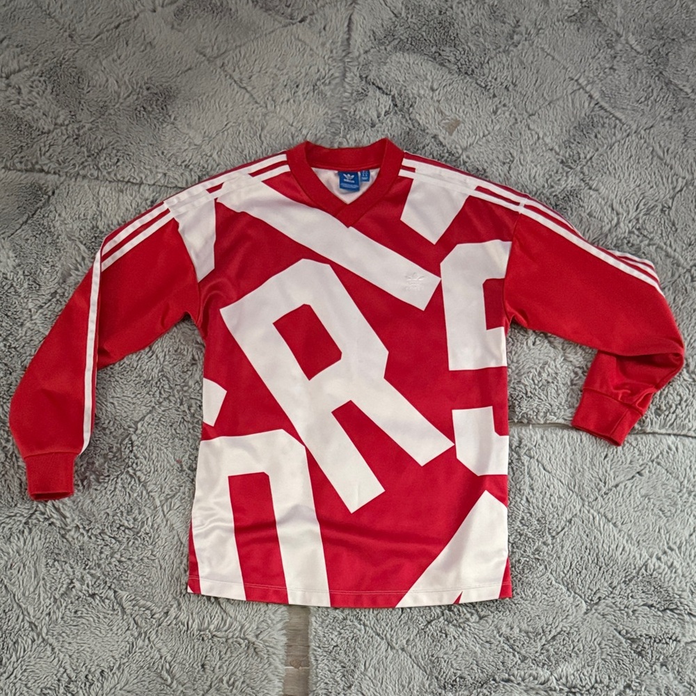 Adidas Red and White Crewneck with Blue Logo Tag